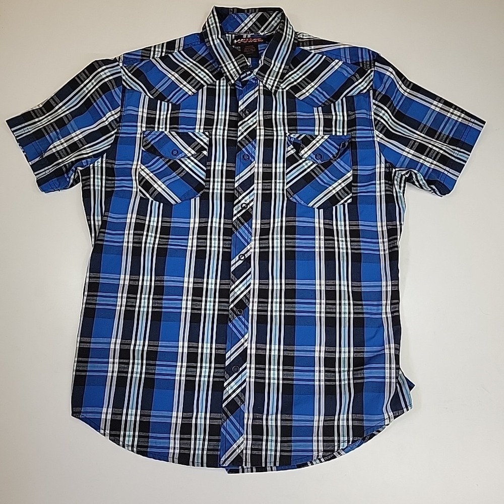 Tony Hawk Boys Button-Up Shirt Size L Blue/ Grey Plaid Short Sleeve Casual Snaps